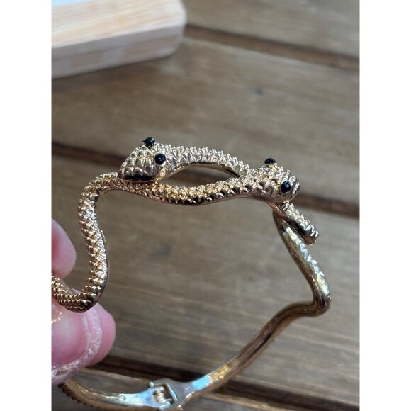 Gold Tone Snake Bangle Bracelet With Black Accents - Hinged Cuff Design - Picture 3 of 9